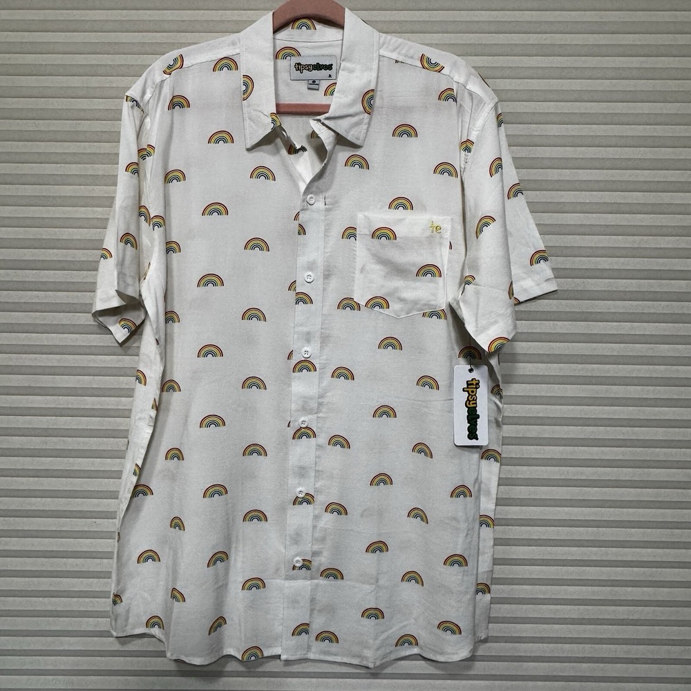 New NWT TIPSY ELVES WHITE RAINBOW HAWAIIAN SHIRT Men's SZ XL Pride Cotton Rayon